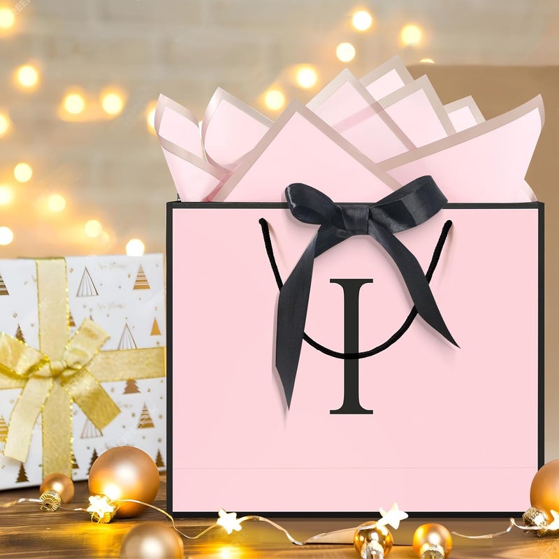 QLSKO Personalized Initial Paper Bag for Women Grils,Monogrammed Gift Bag with Bow Ribbon,Wrapping Tissue and Card Matching Envelope Sticker (Pink, I-Medium) - Image 4